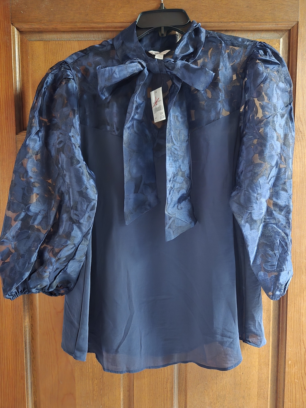 Cato Navy Floral Sheer Puff-Sleeve Tie-Neck Blouse